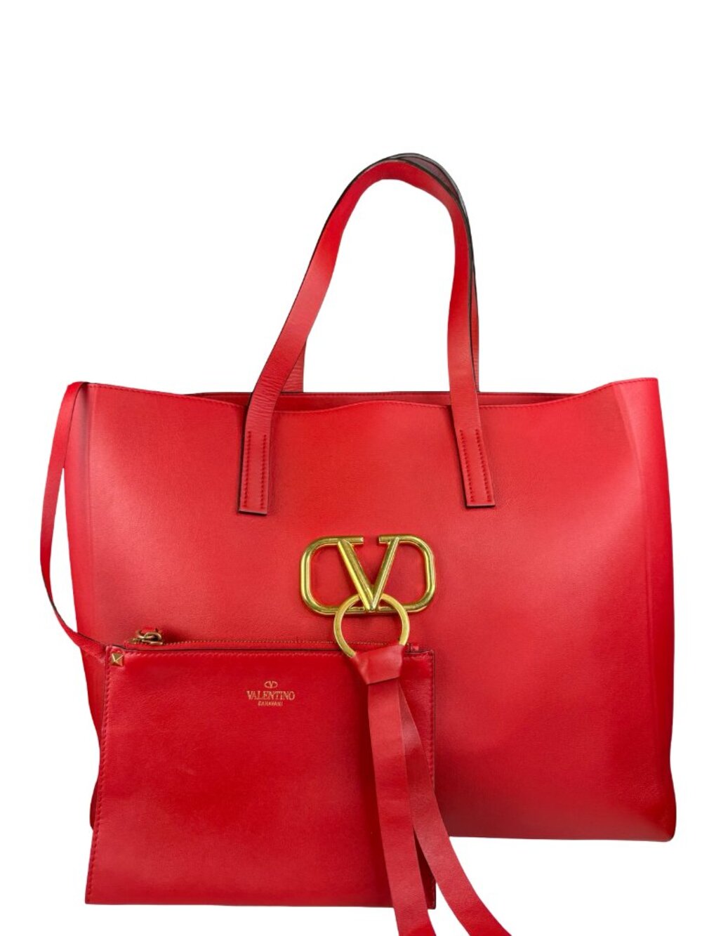 AUTHENTIC VALENTINO Red Calfskin Leather Vring Large Tote Bag